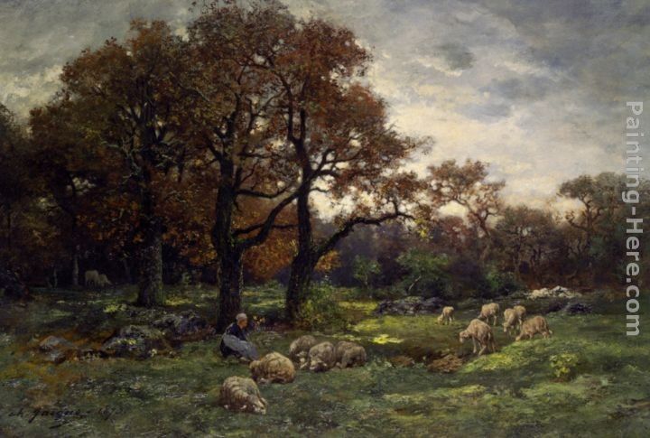 Charles Emile Jacque Sheperdess in a Forest at Dusk